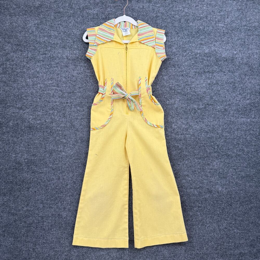 Vintage 70s Kingston Girls Jumpsuit Yellow Striped Collar Belted Wide Leg Zip Up